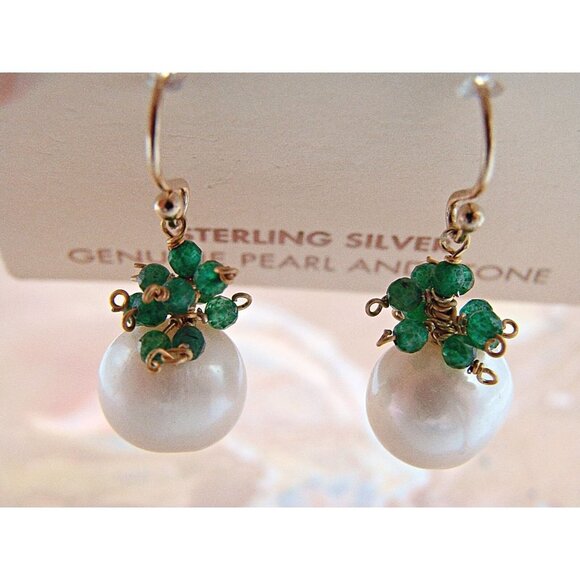 NEW Sterling Silver Genuine Pearl and Green Stone Dangle Earrings Gold Hook NWT - Picture 8 of 11